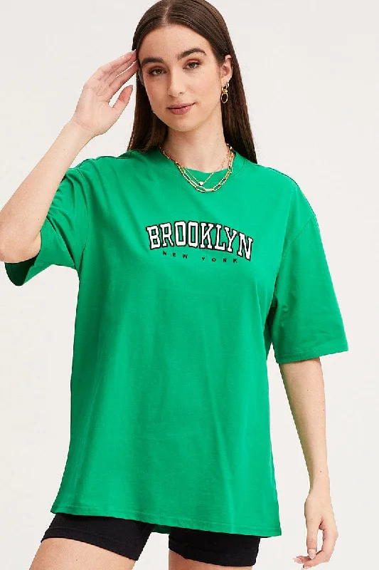 Green Graphic T Shirt Short Sleeve Embroided