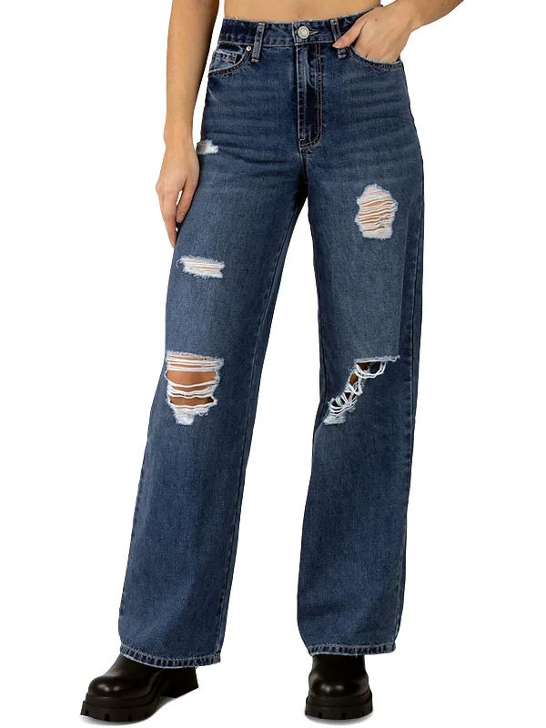 Juniors Womens High Rise Distressed Straight Leg Jeans