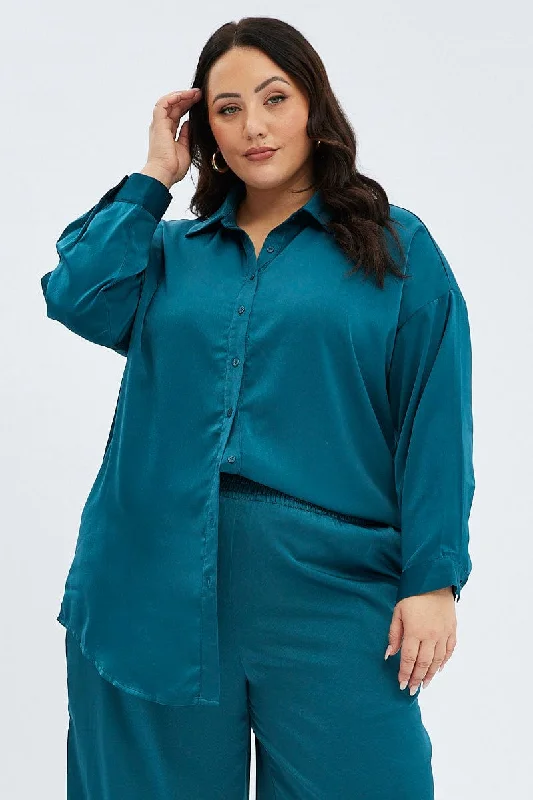 Blue Oversized Shirt Satin Long Sleeve