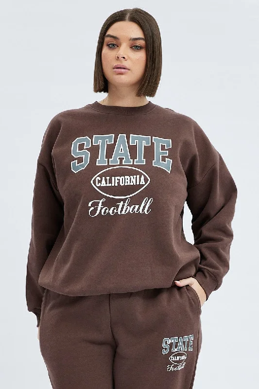 Brown Oversized Sweatshirt State Football Printed Fleece