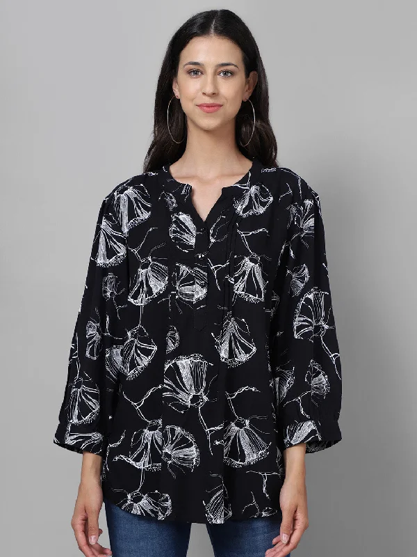 Women's Casual  Black Floral Print Mandarin Collar Tunic