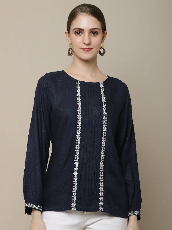 Women's Casual  Navy Blue Solid Round neck Tunic