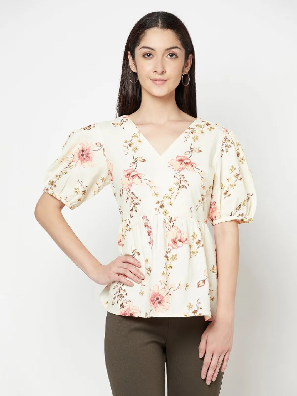 Women's Casual  Offwhite Floral Print V neck Top