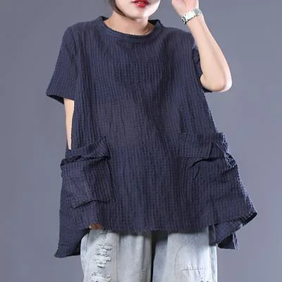 French cotton clothes For Women Organic Vintage Loose  Plaid Short Sleeve Blouse