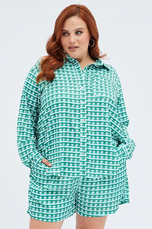 Green Geo Relaxed Shirt Long Sleeve