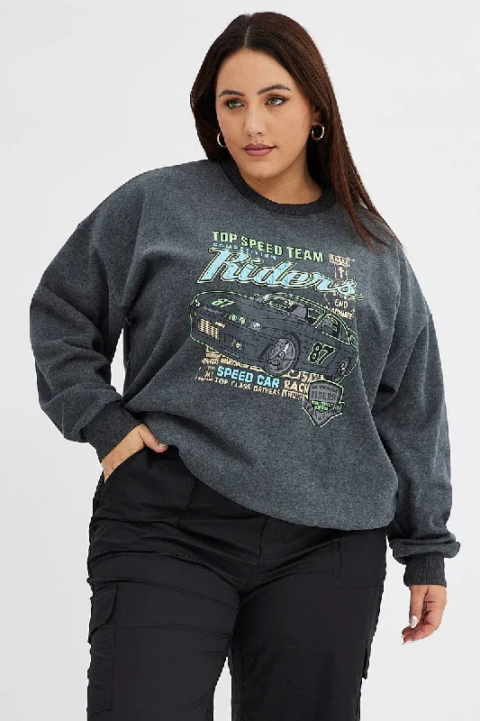 Grey Oversized Sweatshirt Racing Tour Printed Fleece