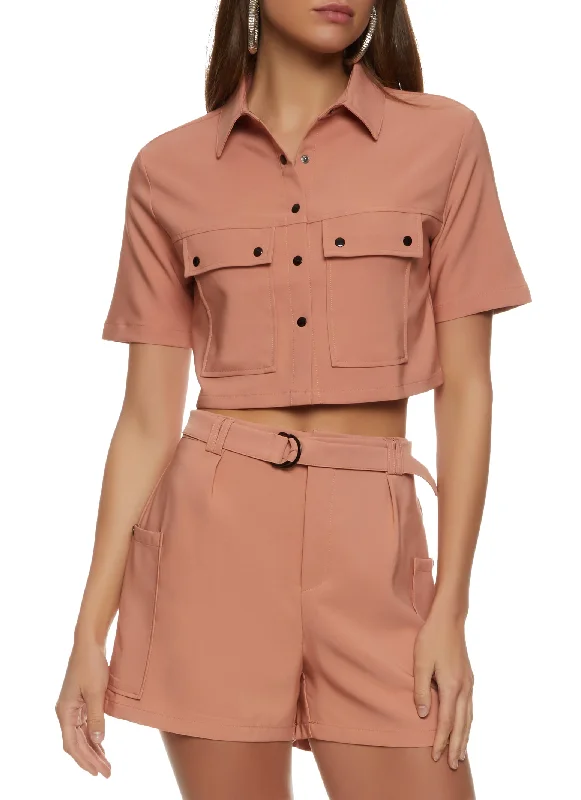 Crepe Knit Button Front Cropped Shirt