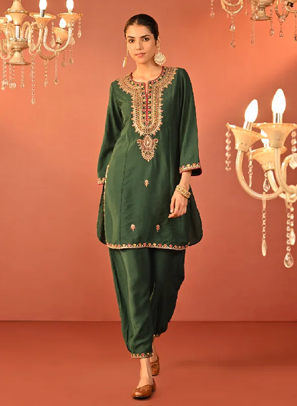 Mavish Green Embroidered Rayon Co-ord Set for Women