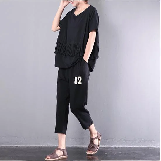 new black casual cotton tops plus size tassel blouse