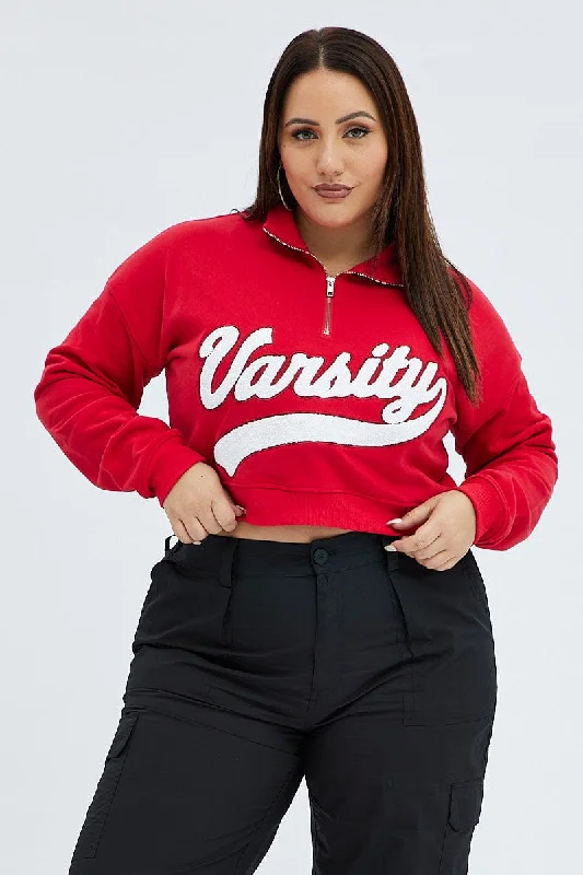 Red Cropped Sweatshirt Zip Up Varsity Fleece