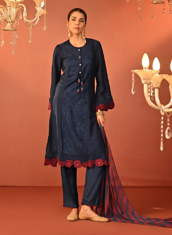 Suroor Navy Blue Embroidered Chanderi Salwar Kurta Set for Women