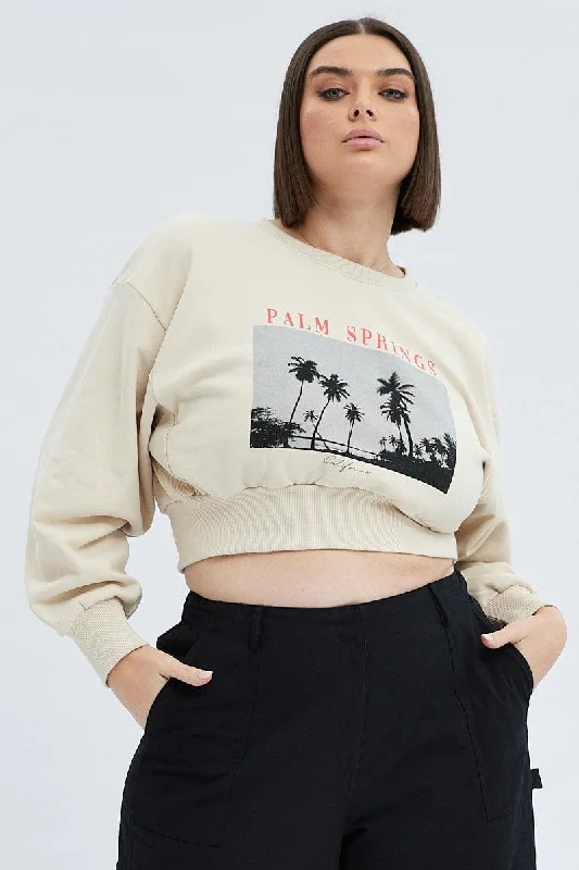 White Cropped Sweatshirt Palm Springs Print Fleece