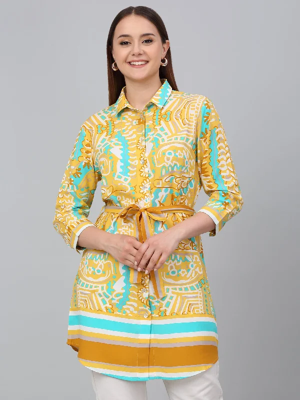 Women Mustard Printed Spread Collar Casual Tunic