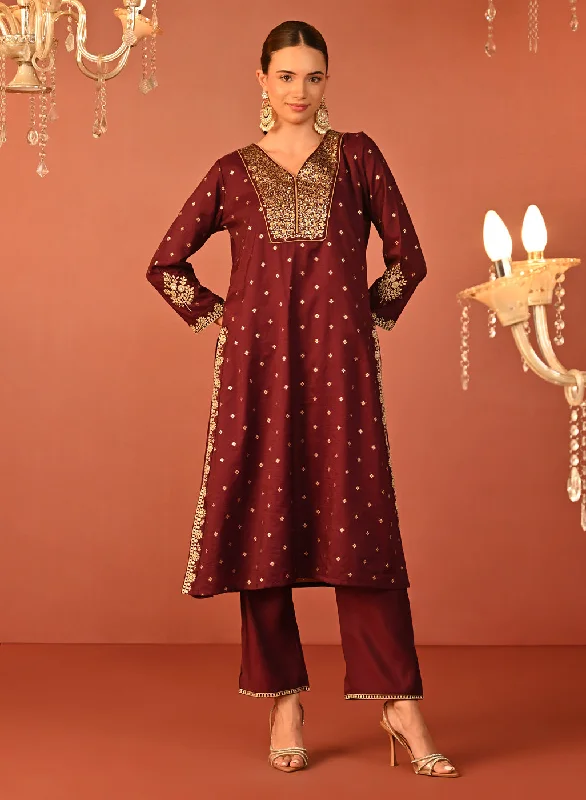 Ziana Wine Embroidered Chanderi Jacquard Salwar Kurta Set with Dupatta for Women