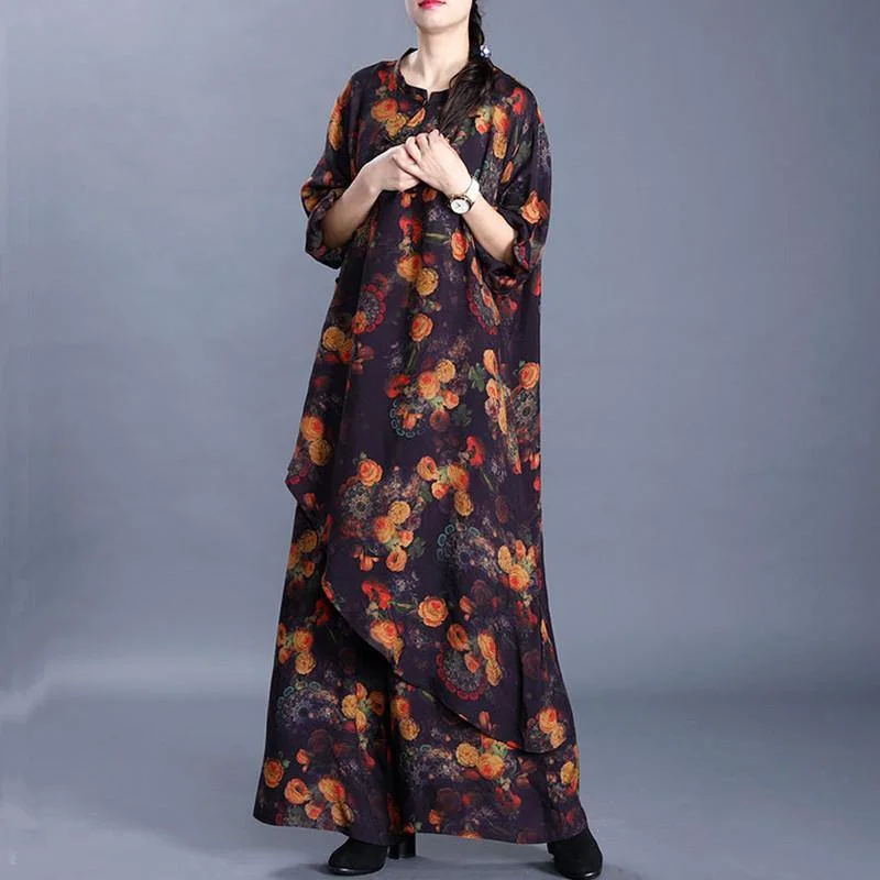 20 spring big artiste silk blend black printed irregular clothes loose wide leg pants two-piece suit