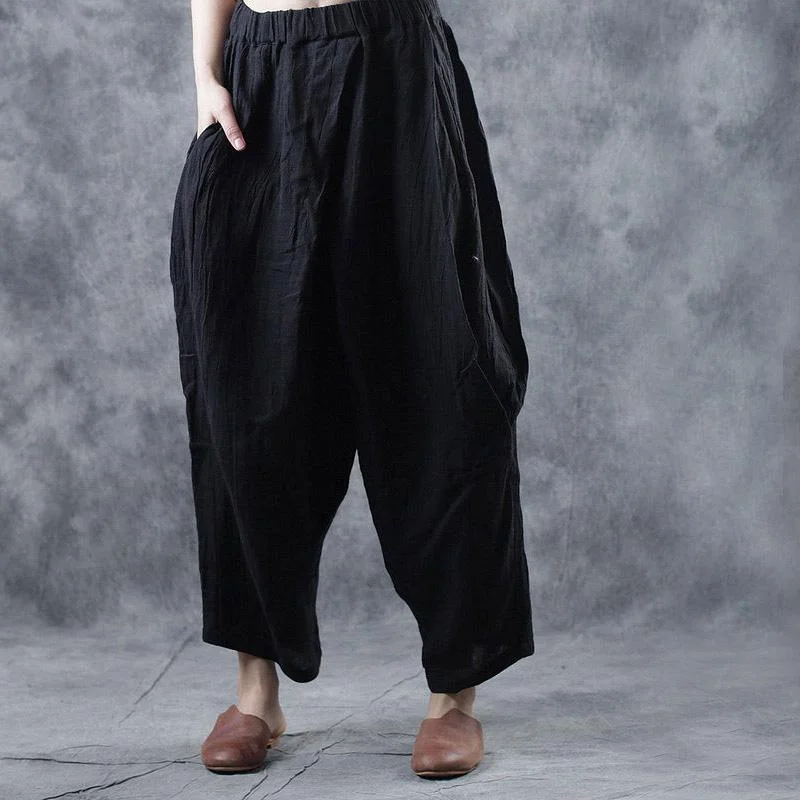 autumn 2019 women black linen casual pants elastic waist crop pants