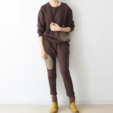 autumn chocolate casual long sleeve cotton blouse and patchwork slim pants