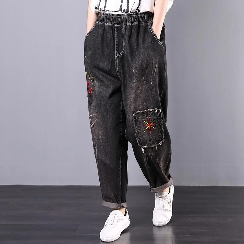 autumn new Korean loose large size literary retro embroidery  harem pants