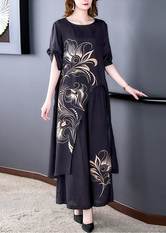 Beautiful Black Asymmetrical Print Chiffon Top And Wide Leg Pants Two-Piece Set Summer