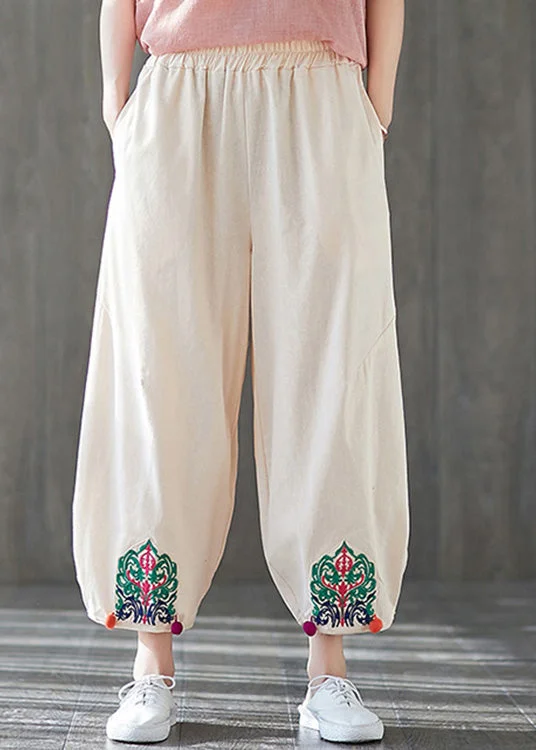 Beige Elastic Waist Solid Crop Pants Summer