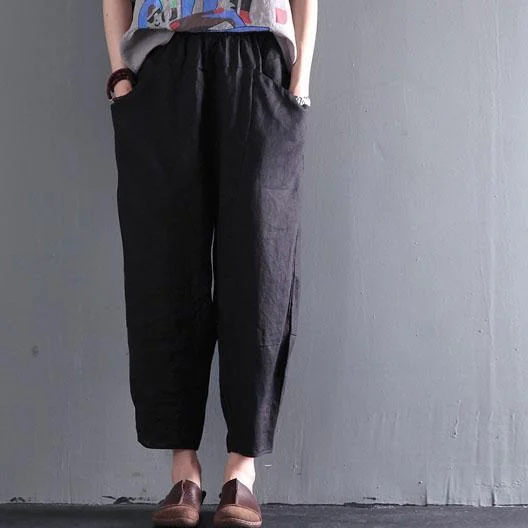 Black simple style linen summer pants causal style