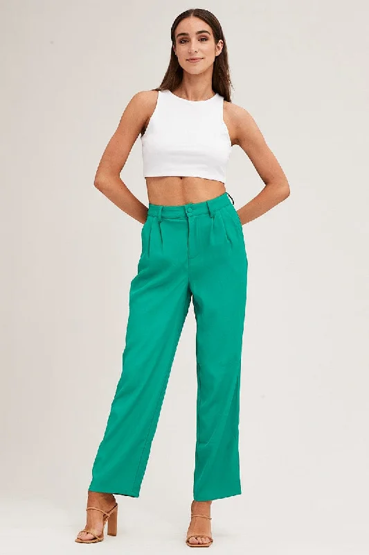 Green Pleat Detail High Waist Pant