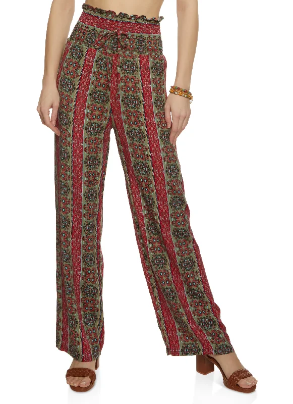 Smocked Waist Printed Wide Leg Pants