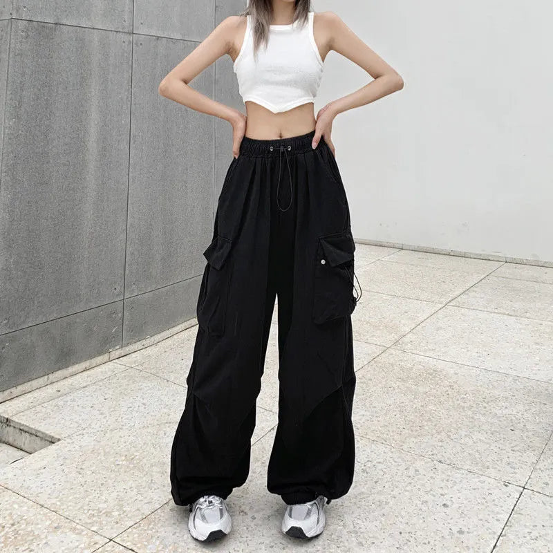 Women's Draw String Fashion Designer Cargo Wide Leg Pants