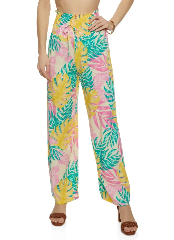 Smocked Waist Tropical Print Wide Leg Pants