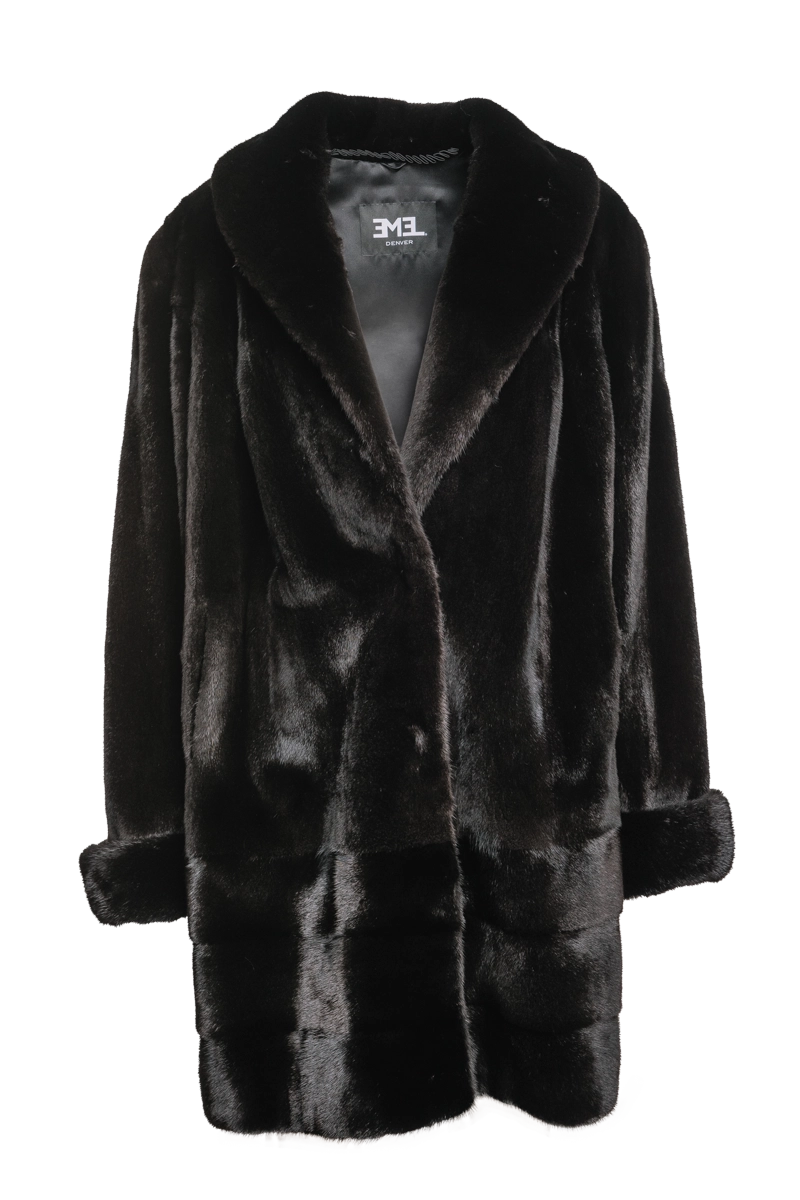 Plus Size Fashionable Mid Length Mink Fur Coat - Shawl Collar - Horizontal Hem