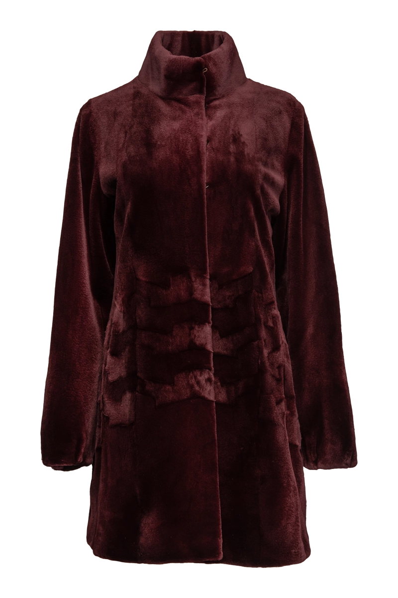 Burgundy Sheared Patterned Mid-Length Mink Fur Coat