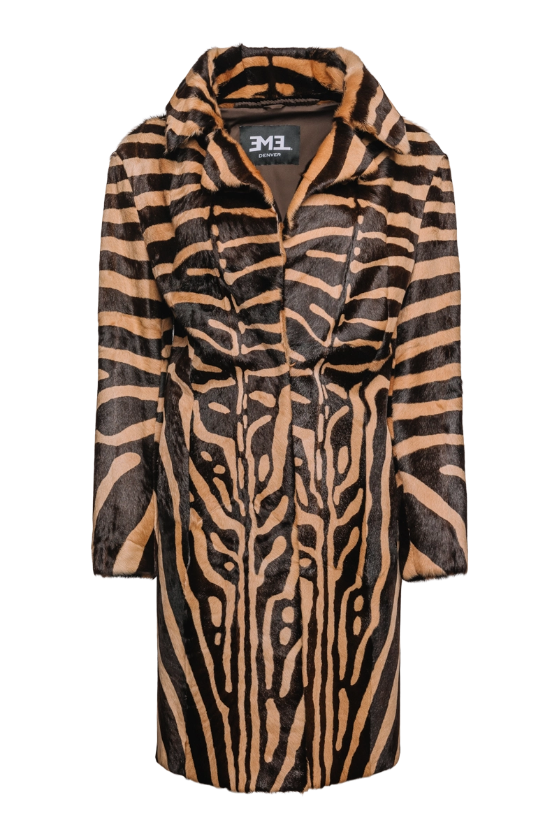 Camel & Dark Brown Zebra Print Kid Skin Fur Coat