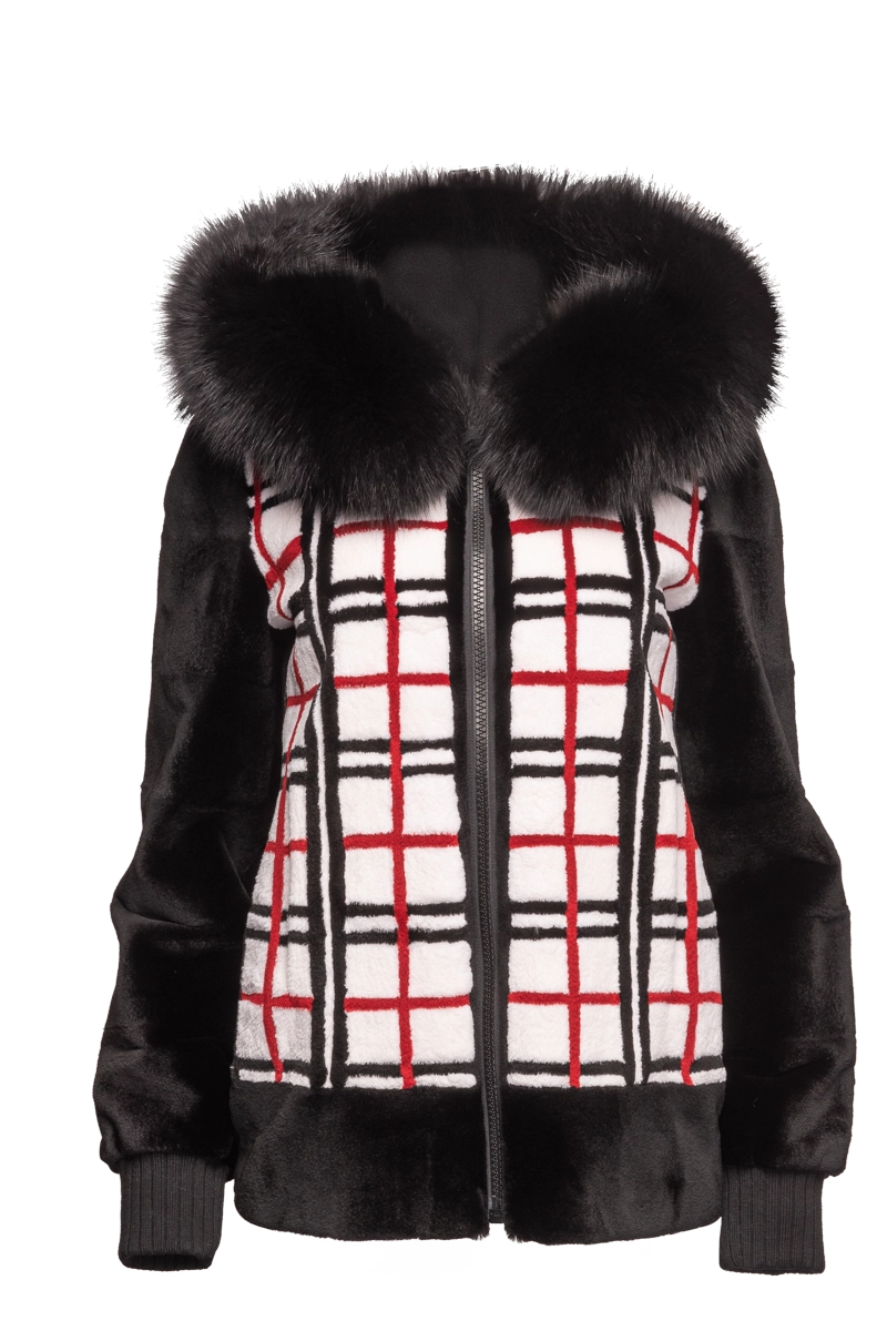 Reversible Plaid & Black Sheared Mink Fur Jacket - Fox Trimmed Hood