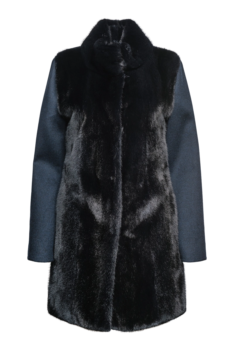 Front Mink Fur Panel and Collar Mid Length Cashmere Coat