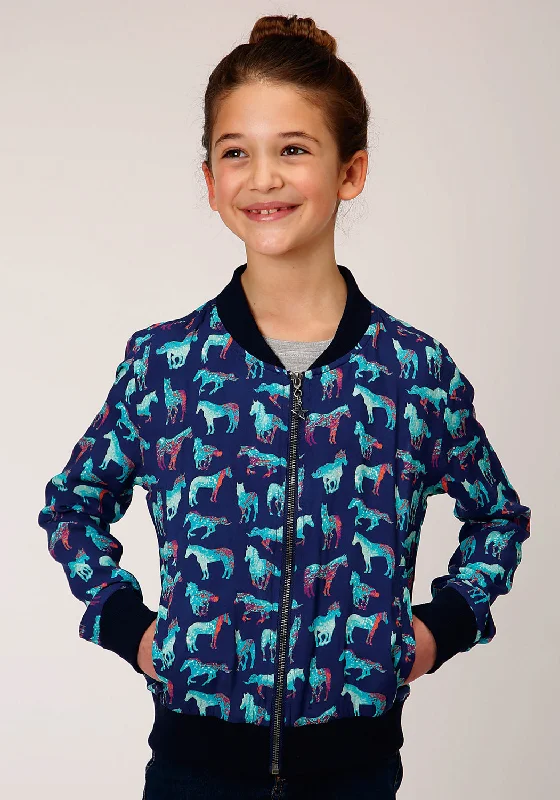 Roper Girls Blue Rayon/Nylon Wild Horse Bomber Jacket