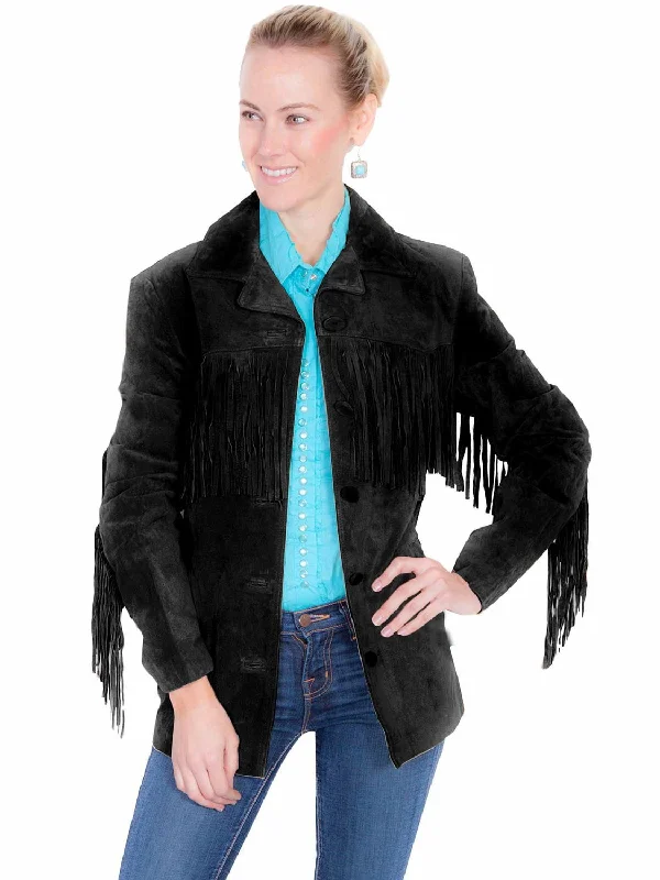 Scully Womens Notched Lapel Fringe Black Leather Leather Jacket