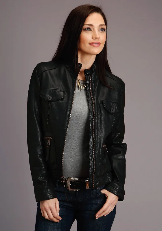 Stetson Womens Black Leather Smooth Pockets Jacket