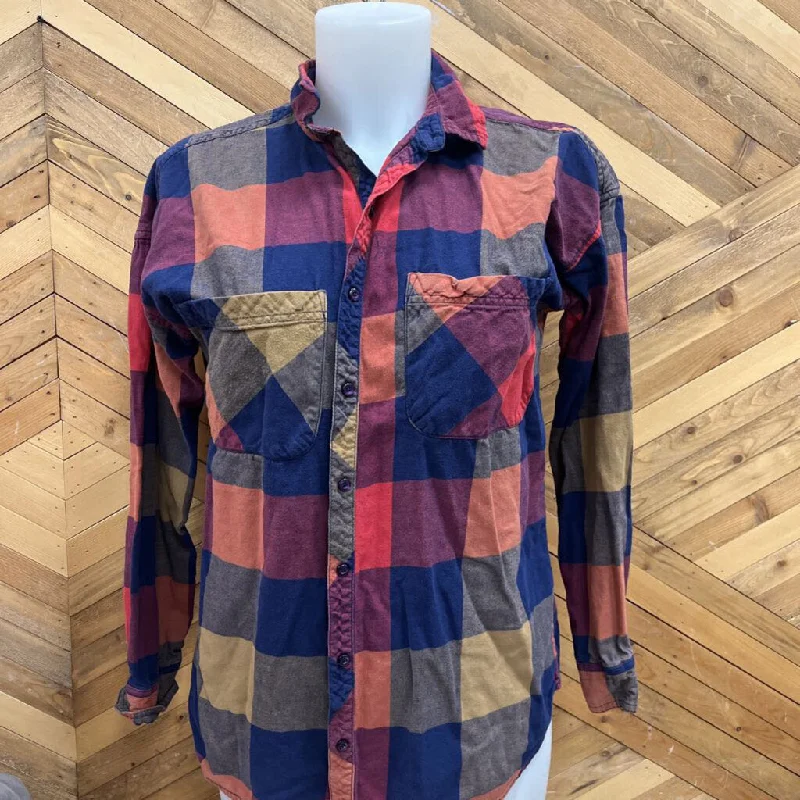 Trafaluc- plaid button down- MSRP $80: tan/red/blue-women-XS