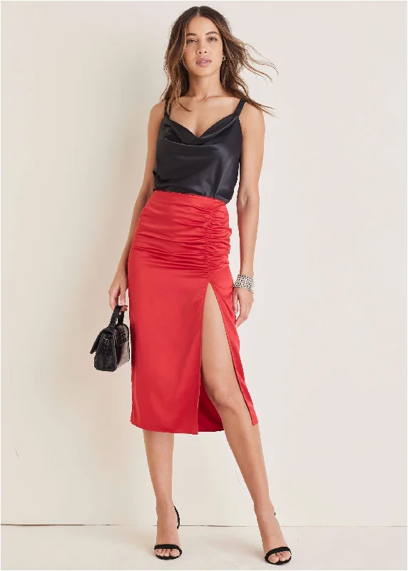 Ruched Detail Midi Skirt - Equestrian Red