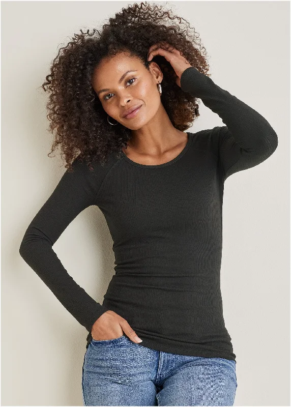 Ribbed Crew Neck Top - Black