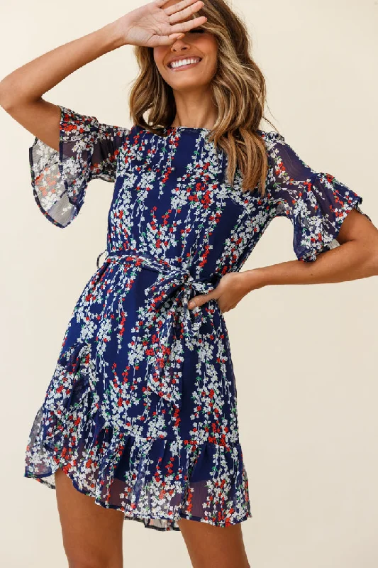 Azealia Ruffle Hem Dress Floral Print Navy