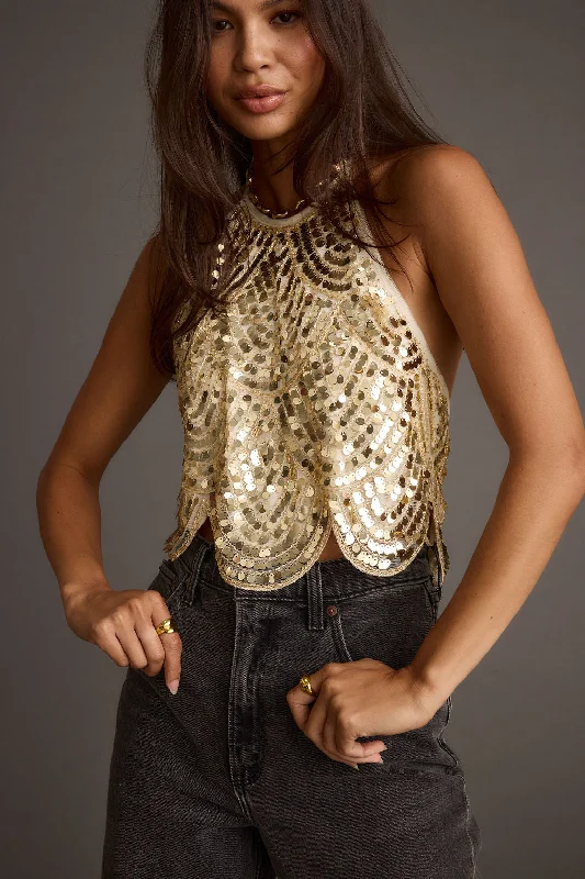 Cleo Gold Sequin Halter Tie Top