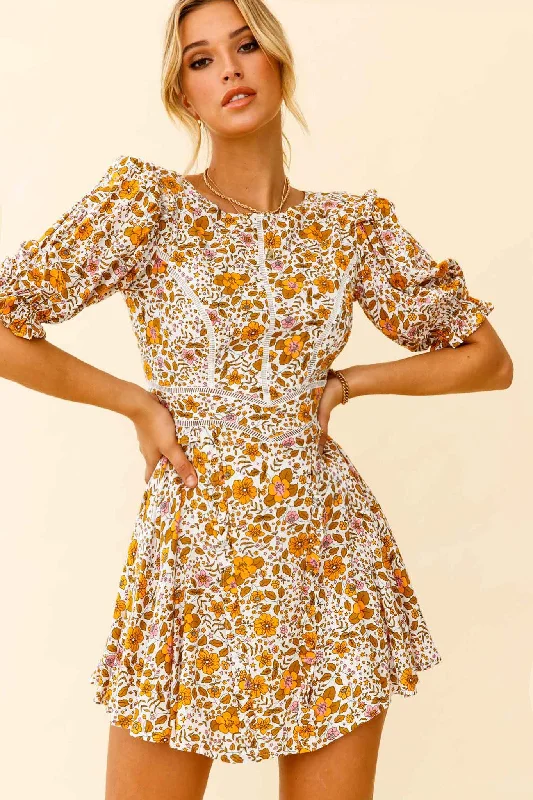 First Impressions Puff Sleeve Keyhole Back Dress Floral Print White/Yellow