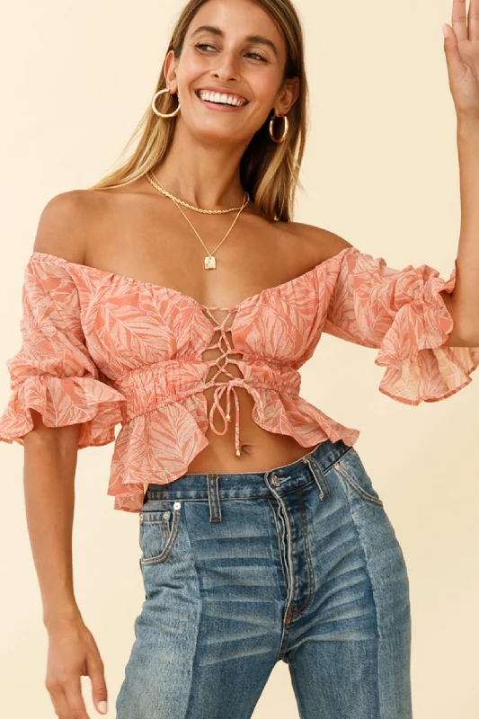 Josephina Off-Shoulder Lace-Up Front Crop Top Palm Print Pink