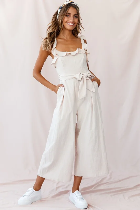 Kaia Ruffle Strap Wide-Leg Capri Jumpsuit Beige