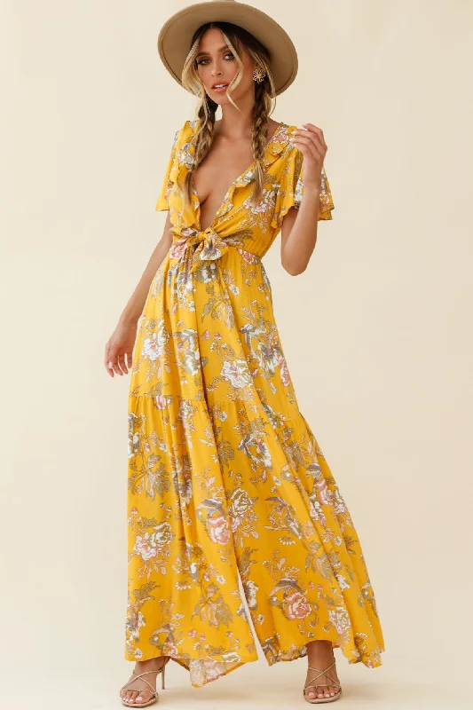 Kasey Tied Bust Wide Leg Floral Print Jumpsuit Mustard