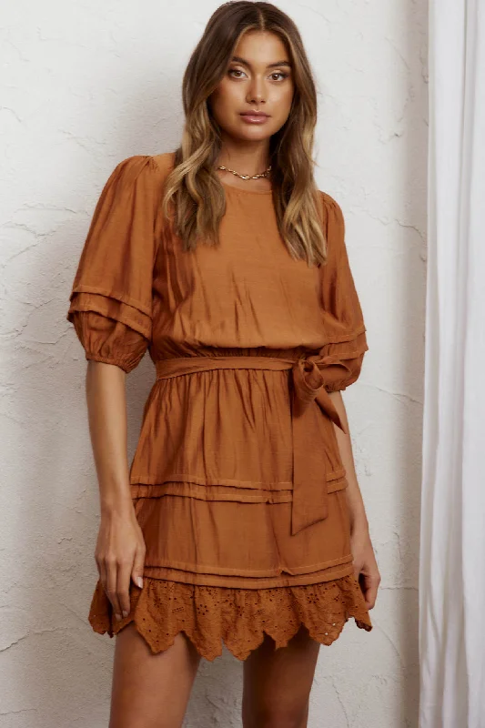 Laiken Waist Tie Pintuck Dress Tan