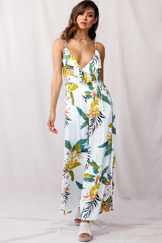 Melita Ruffle V-Neckline Jumpsuit Tropical Print White