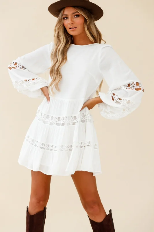 Miles Away Long Balloon Sleeve Trim Insert Dress White