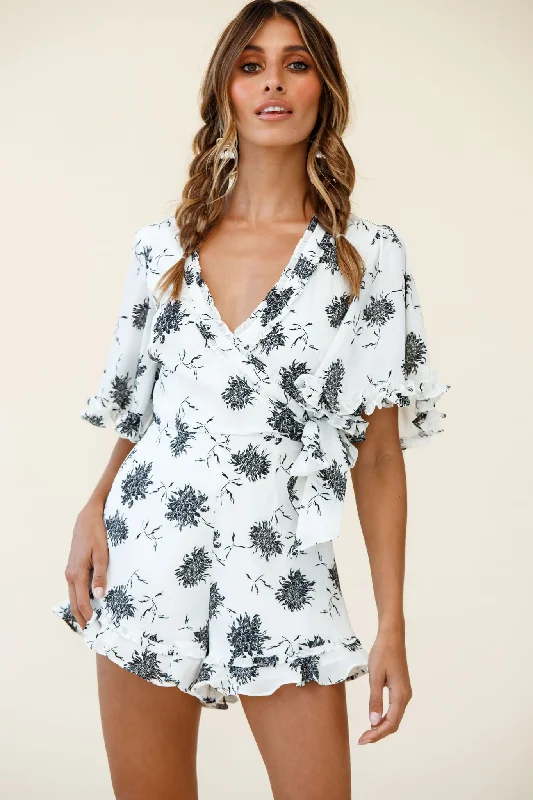 Wild Heart Bell Sleeve Wrap Romper Floral Print White